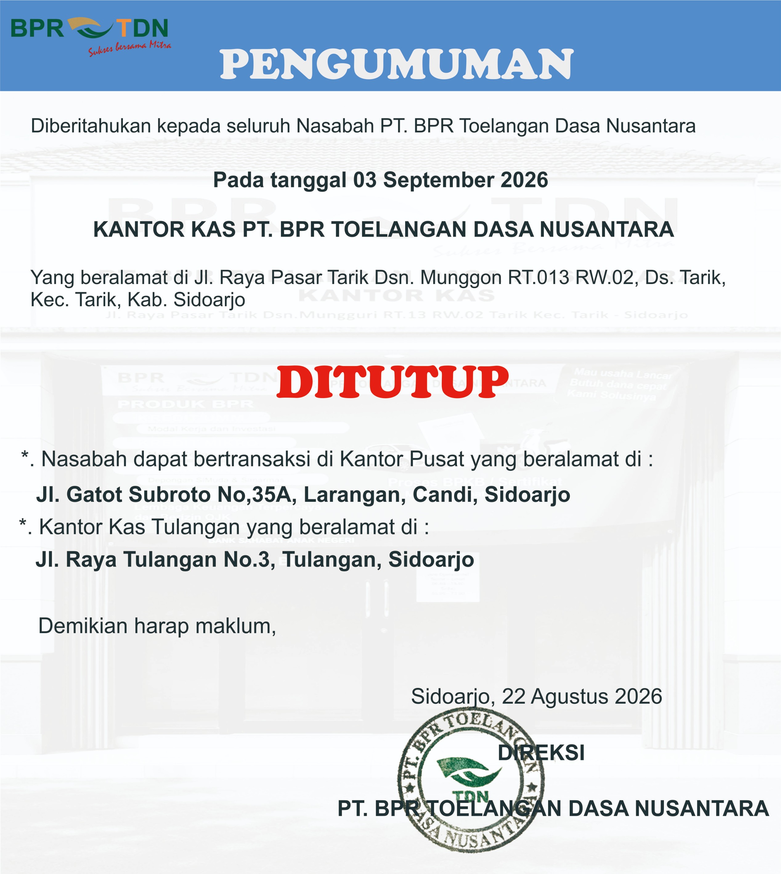 Pengumuman Penutupan Kantor Kas Tarik
